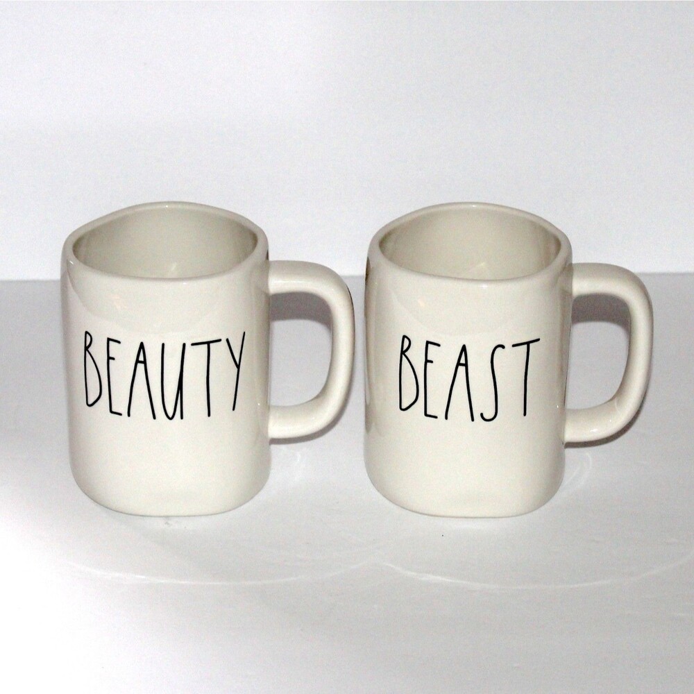 Rae Dunn Artisan Collection By Magenta Beauty & Beast White 2 Coffee Tea Mug Set